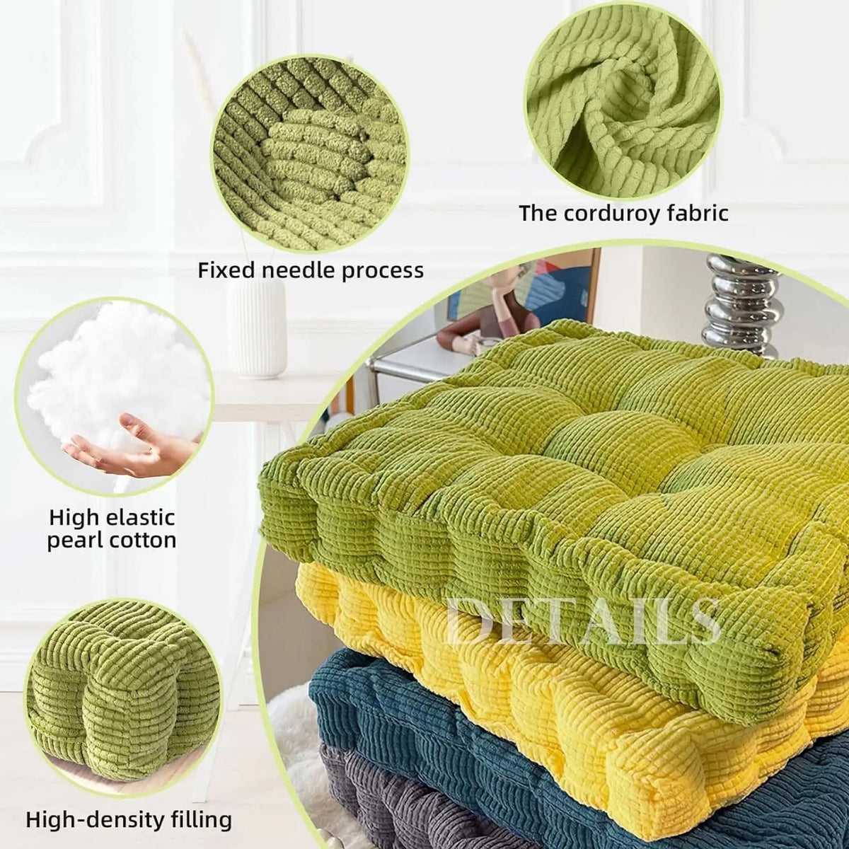2Pcs Thick Corduroy Floor Cushion, Square & Round Tufted