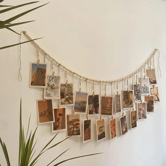Photo Display Wall Hanging- Wooden Beads Macrame Tapestry