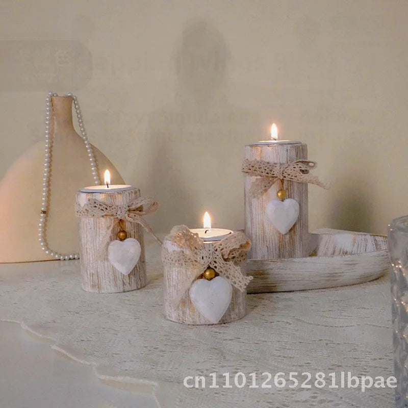 Antique Wooden Heart Candlestick Set  Tea Wax Holder