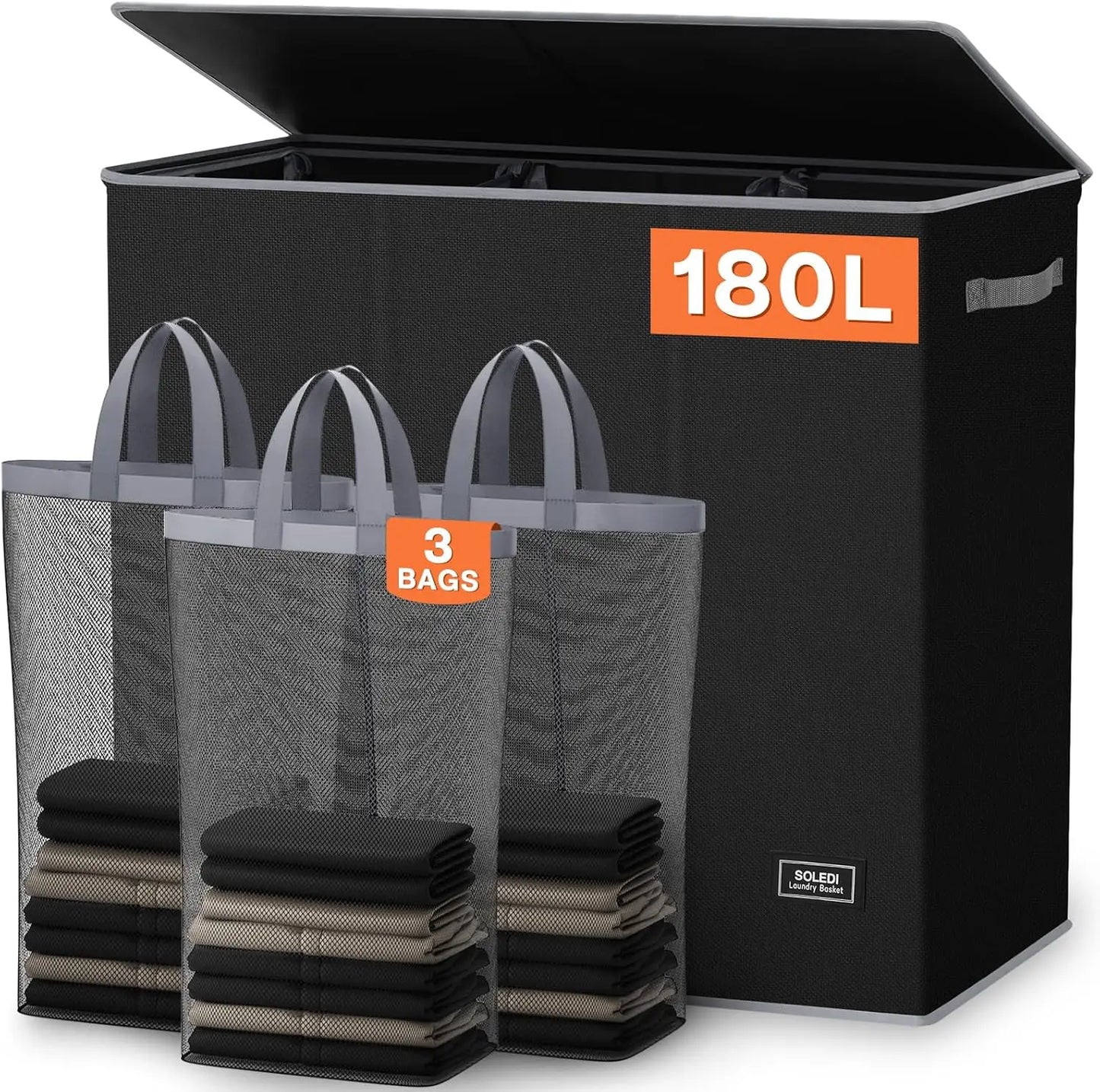 180L Extra Large Laundry Hamper with Lid, 3-Section