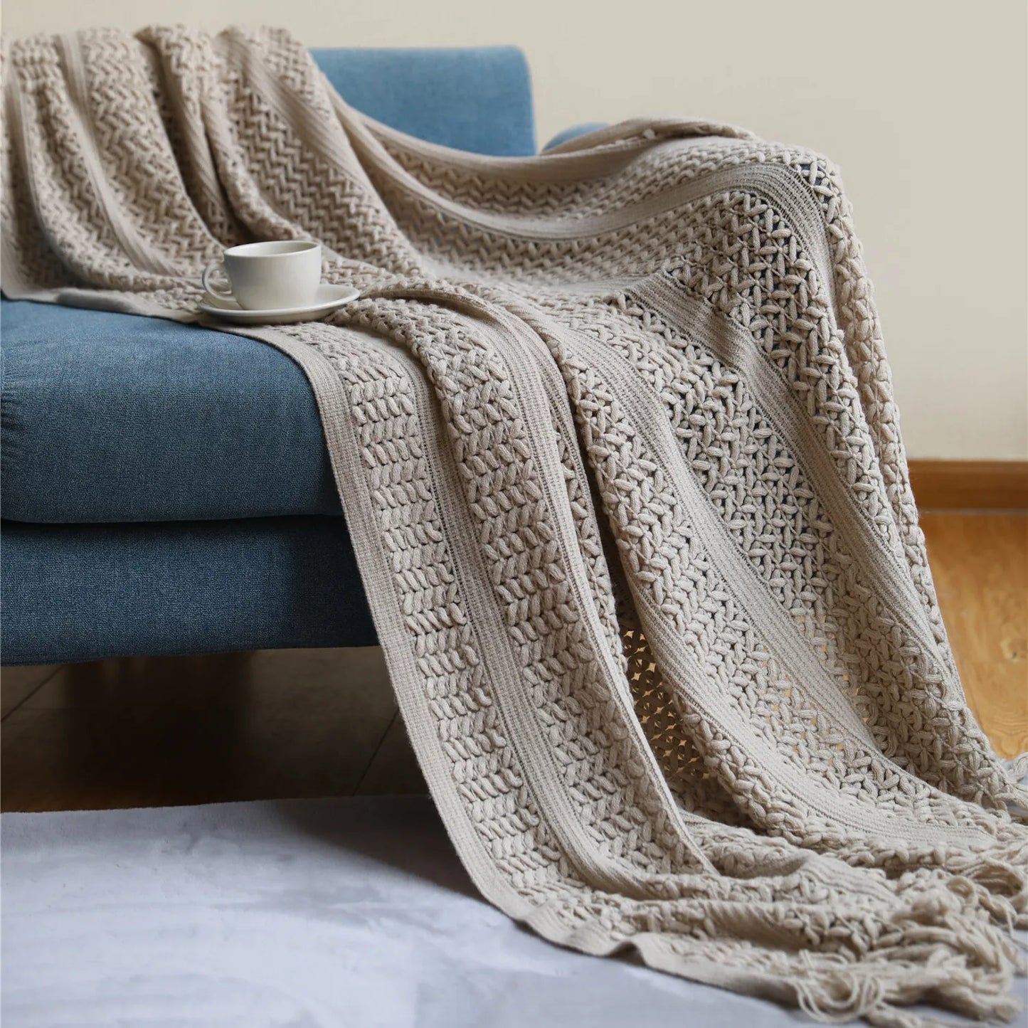 Nordic Crocheted Blanket Khaki Throw Blanket Tassels