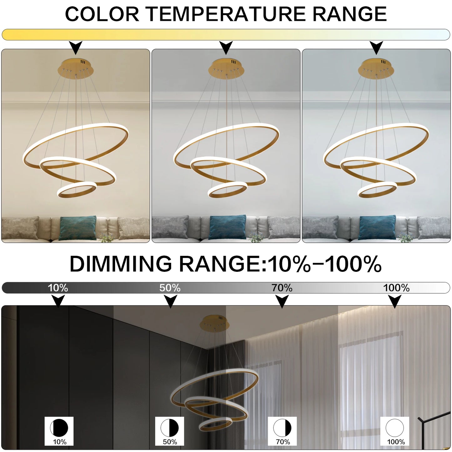 LED Chandelier for High Ceiling, Dimmable 3-Ring