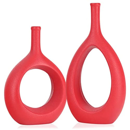 Ceramic Hollow Elliptical Vase Set of 2 - Circle Vase with Hole