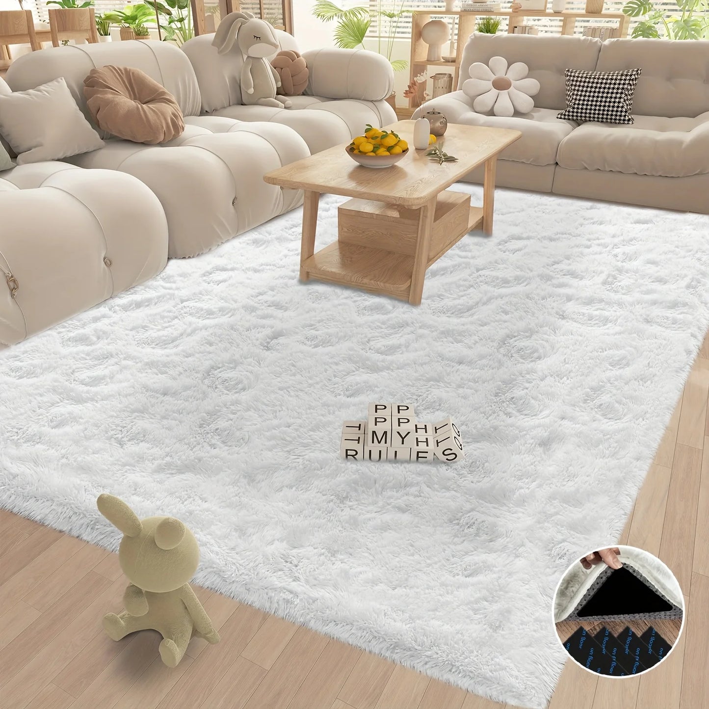 White Fluffy Shaggy Non-Slip Rugs with 4 Stickers,