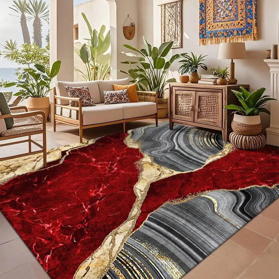 Red Gray Marble Pattern Large Area Rug