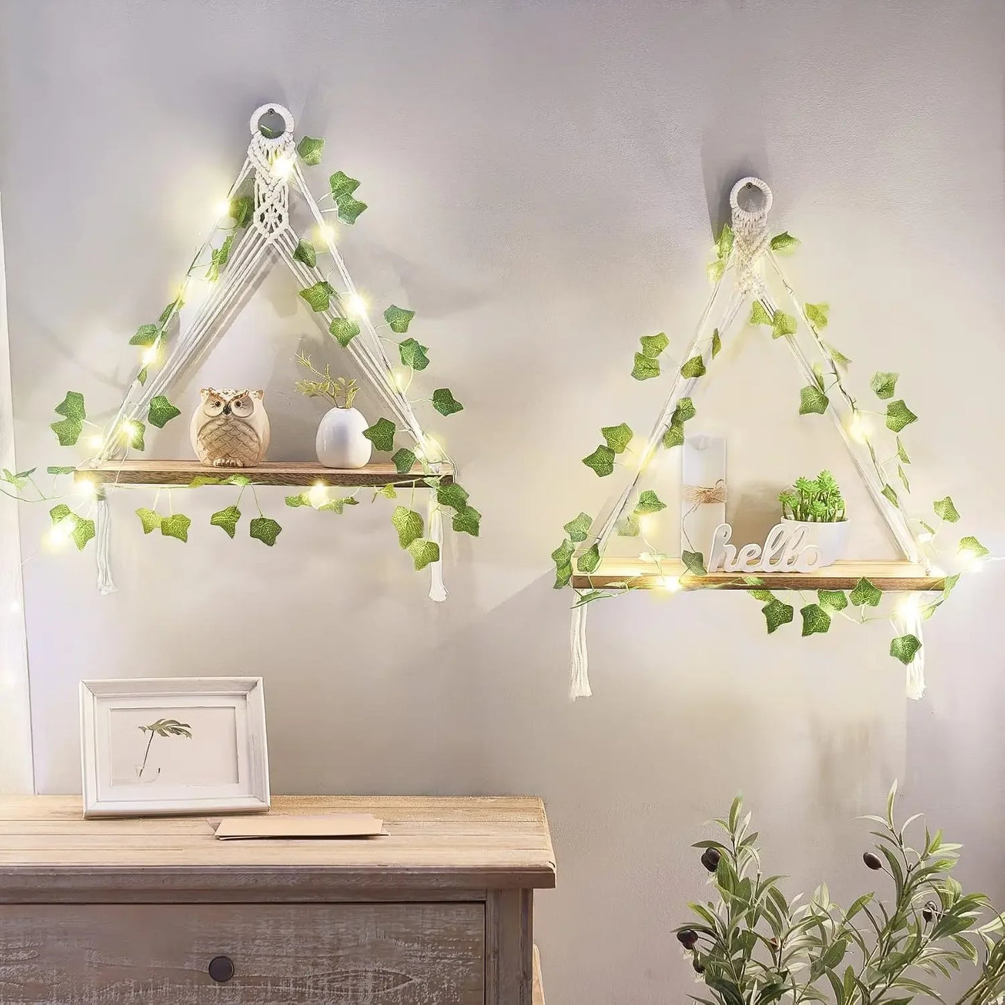 Artificial Ivy Macrame Hanging Shelves with Lights Set of 2