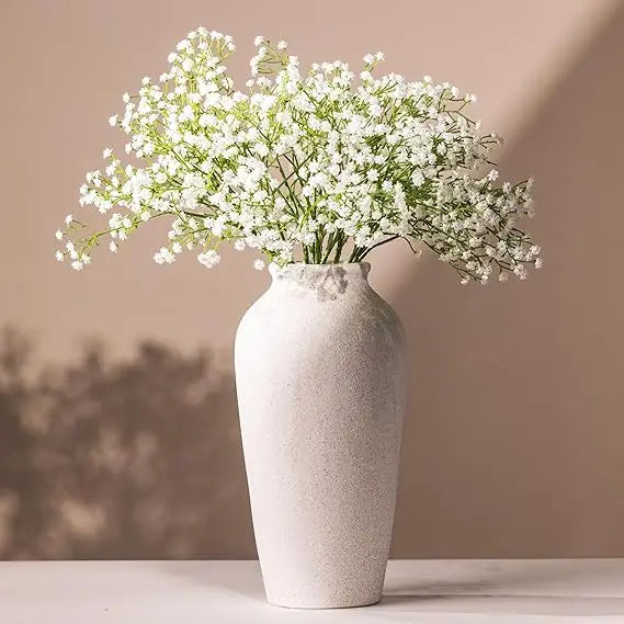 12 Inch White Ceramic Vase with White Baby's Breath