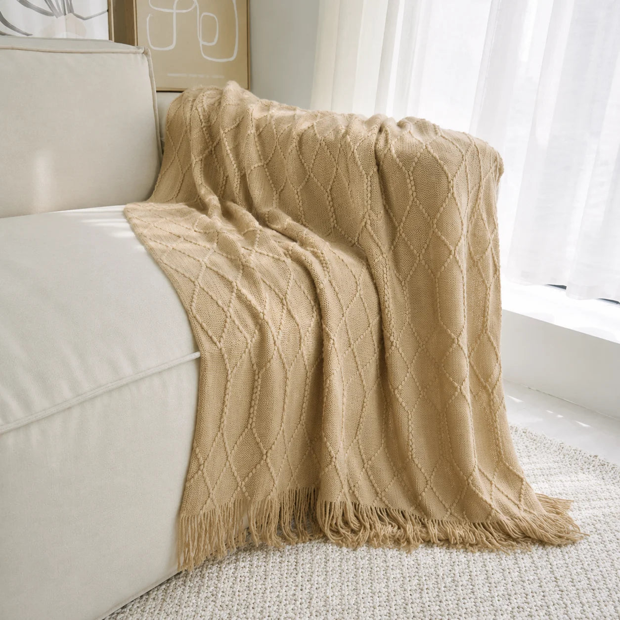 Dark Brown Wavy Chevron Textured Knit Throw Blanket with Tassel Fringe,
