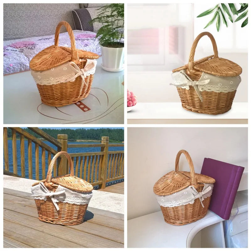 Wicker Basket, Handle Double-Lid Large Camping Picnic