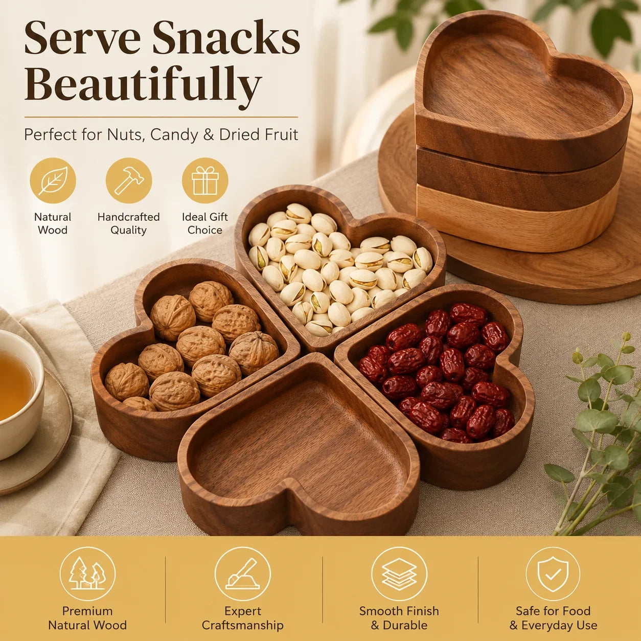 Heart Shaped Wooden Snack Tray Set Multipurpose Serving Bowl with Lid