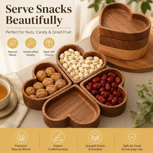 Heart Shaped Wooden Snack Tray Set Multipurpose Serving Bowl with Lid