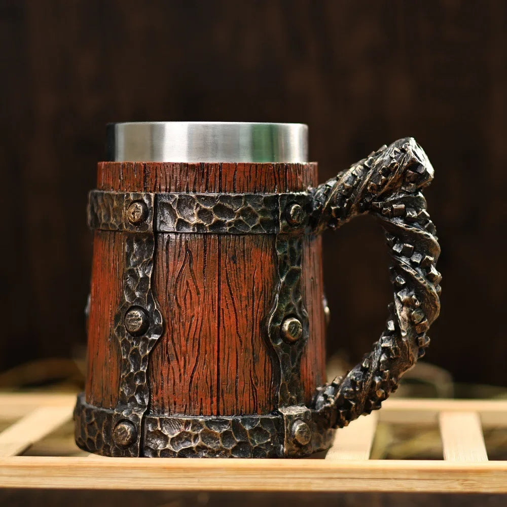 Viking Imitation Wood Resin Beer Mug -Handmade Stainless Steel Line