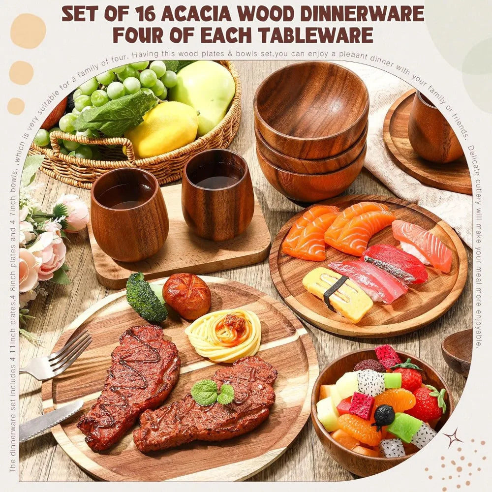16-Piece Acacia Wood Dinnerware Set: Round Plates, Bowls & Cups