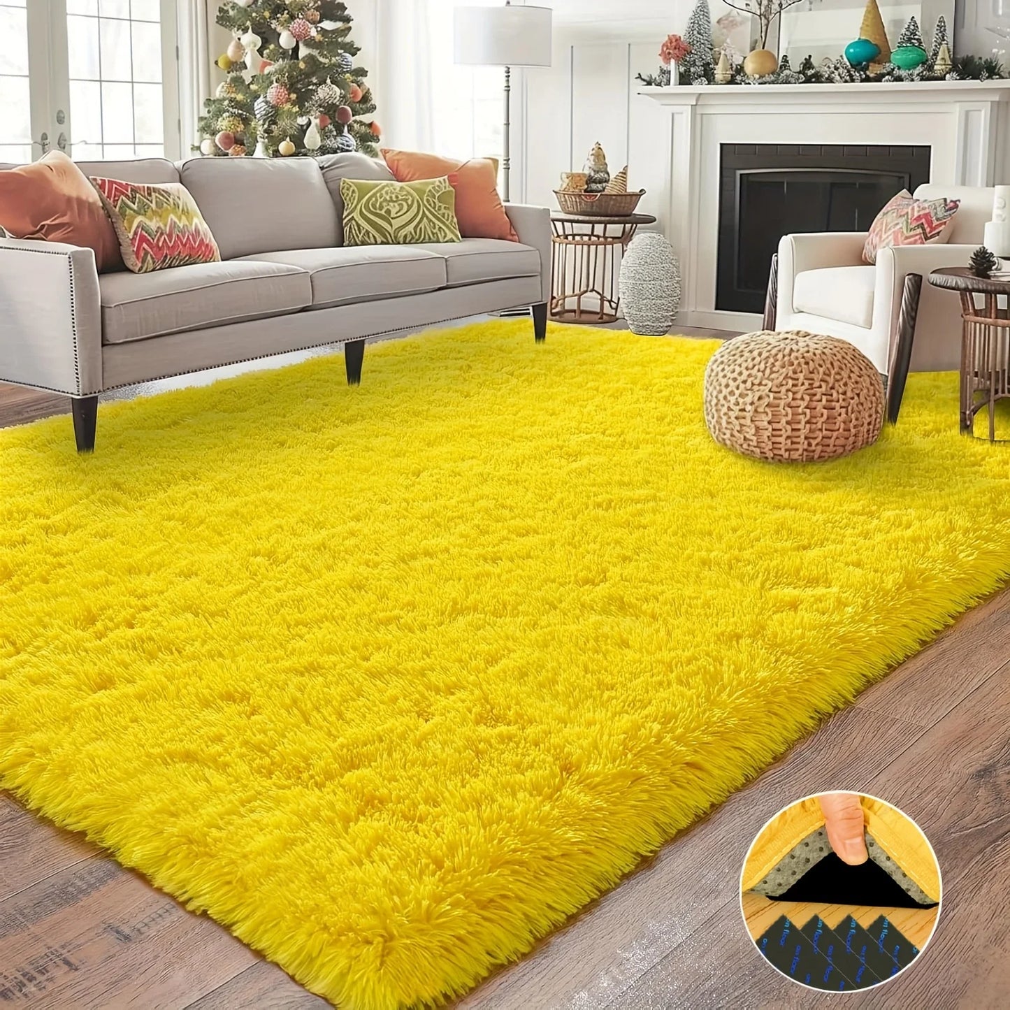 Ideal Room Decor Rug,Yellow Soft Shaggy Non-Slip - 4 Rug Stickers