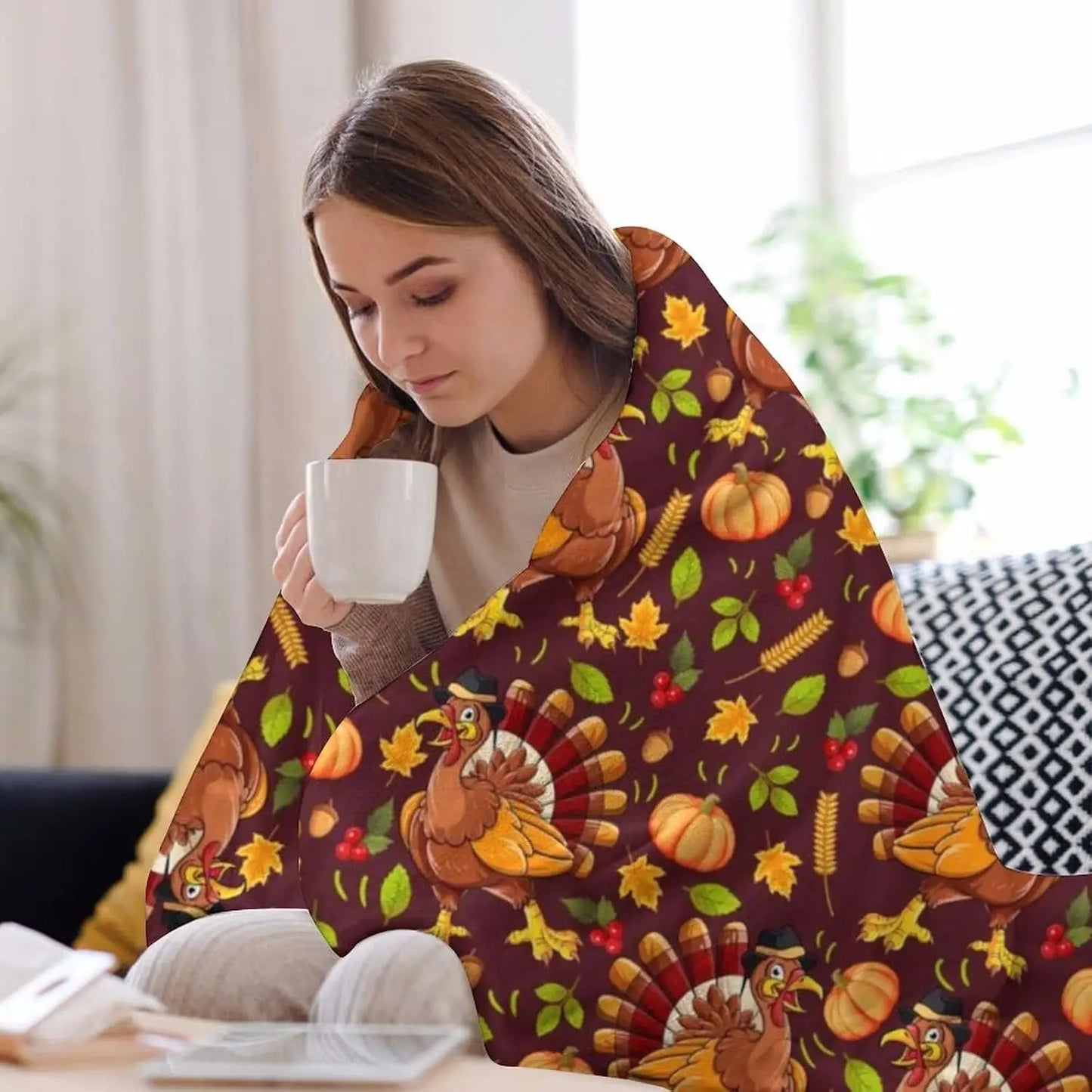 Fall Thanksgiving Pumpkin Throws Turkey Printed