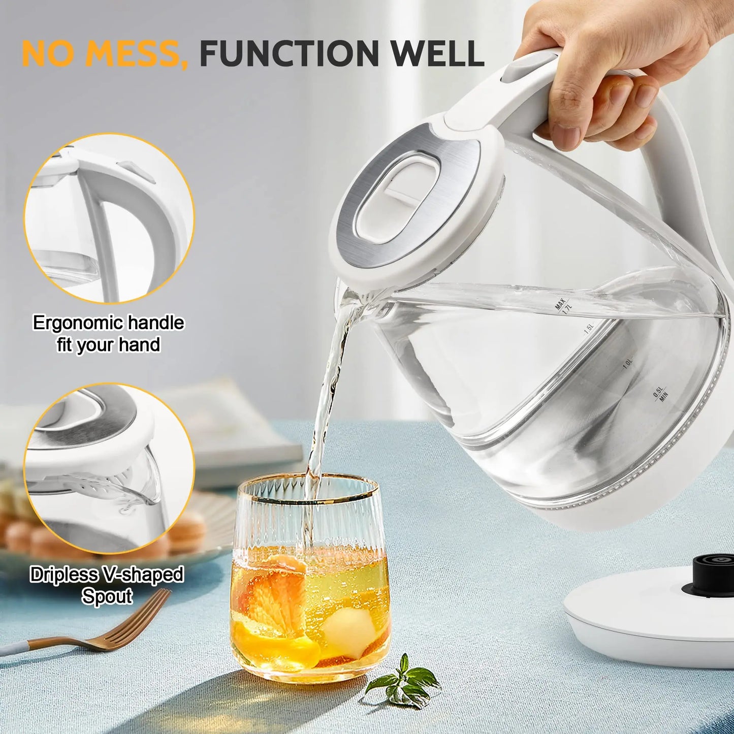 Electric Kettle- 1.7L Elegant Glass Tea Pot, 1200W Fast Boiling