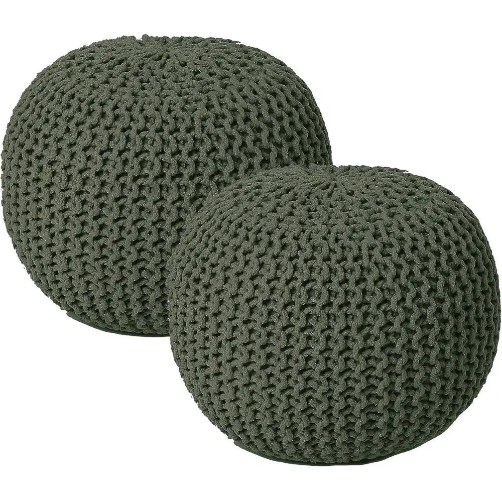 Hand Knitted Round Ottoman - Bean Bag Pouf - Set of 2, Olive