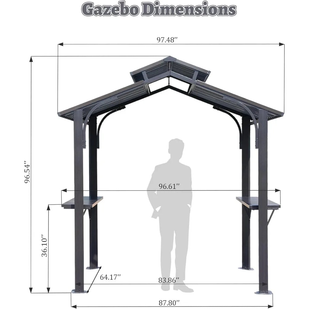 8x5FT Hardtop Grill Gazebo, 2 Side Shelves and Ceiling Hook,