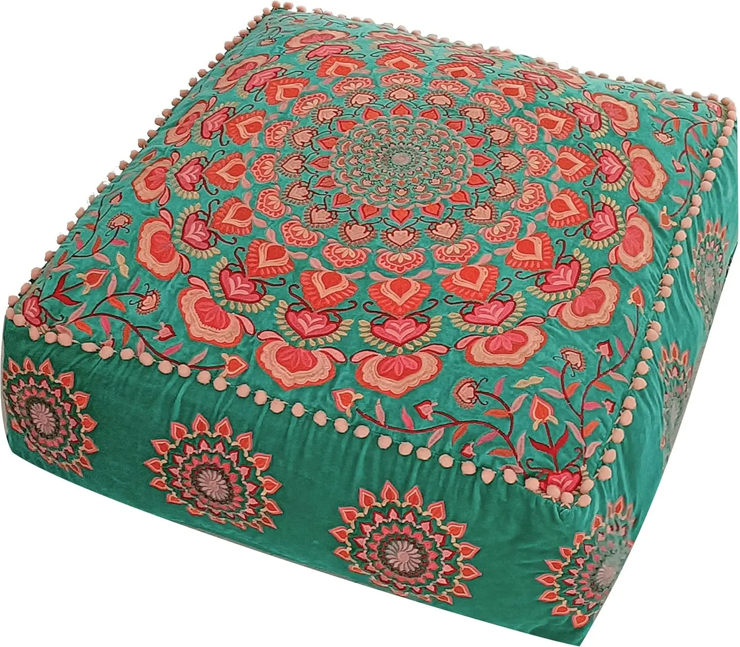 Mandala Life Art Turquoise Velvet Pouf Cover -24X24X8 Inches