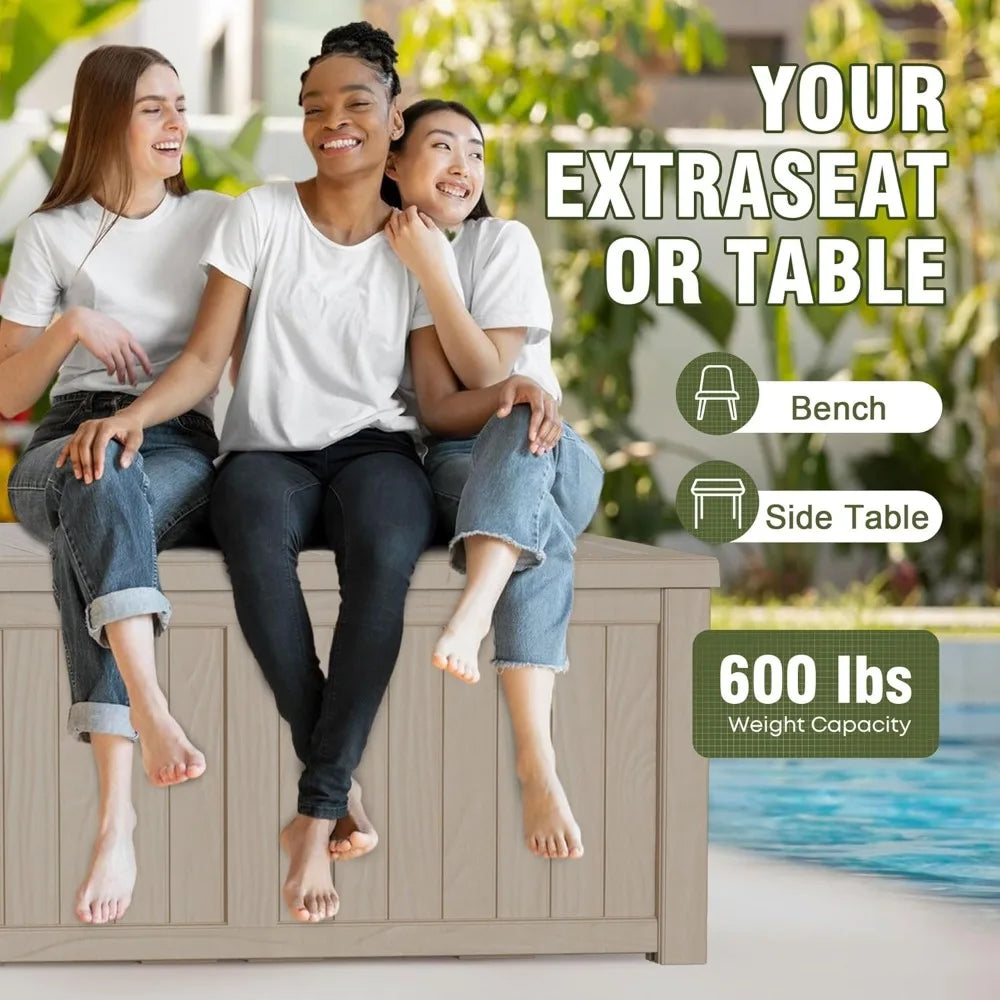 "120 gallon lockable outdoor storage box for patio furniture, garden, and tools"