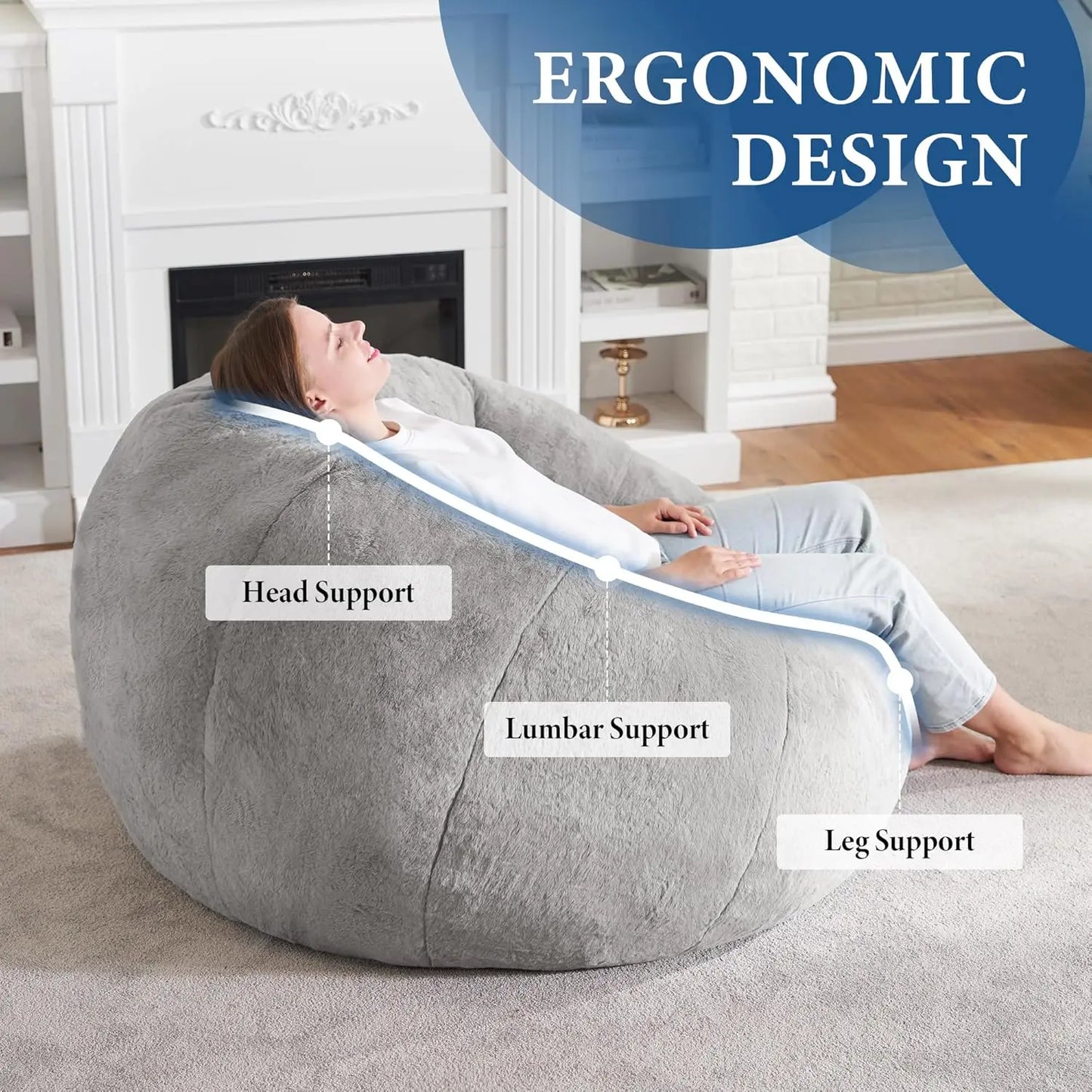 Large Bean Bag Chair for Adults - Soft Faux Fur