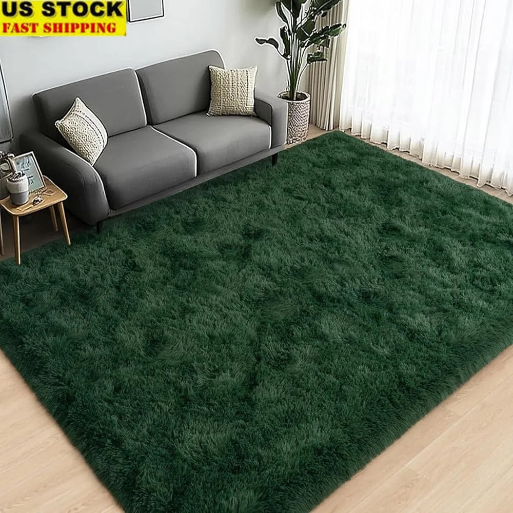 Large Area Rugs 8x10 Dark Green Fluffy Shaggy Plush Soft