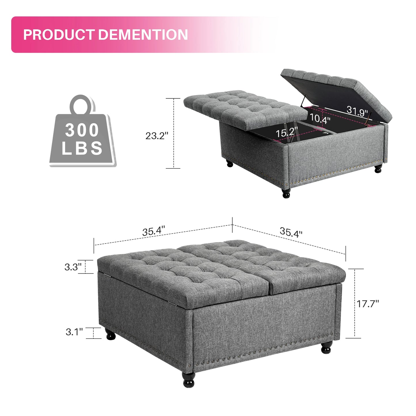 35" Large Square Storage Ottoman Bench