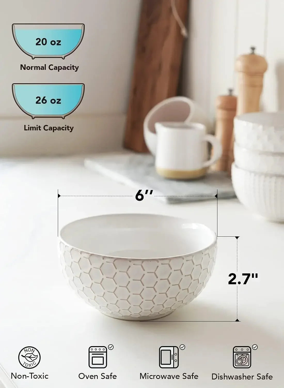 Cereal bowls 26 oz, Ceramic Soup Bowl- 6 Inch, Set of 4, Arctic white