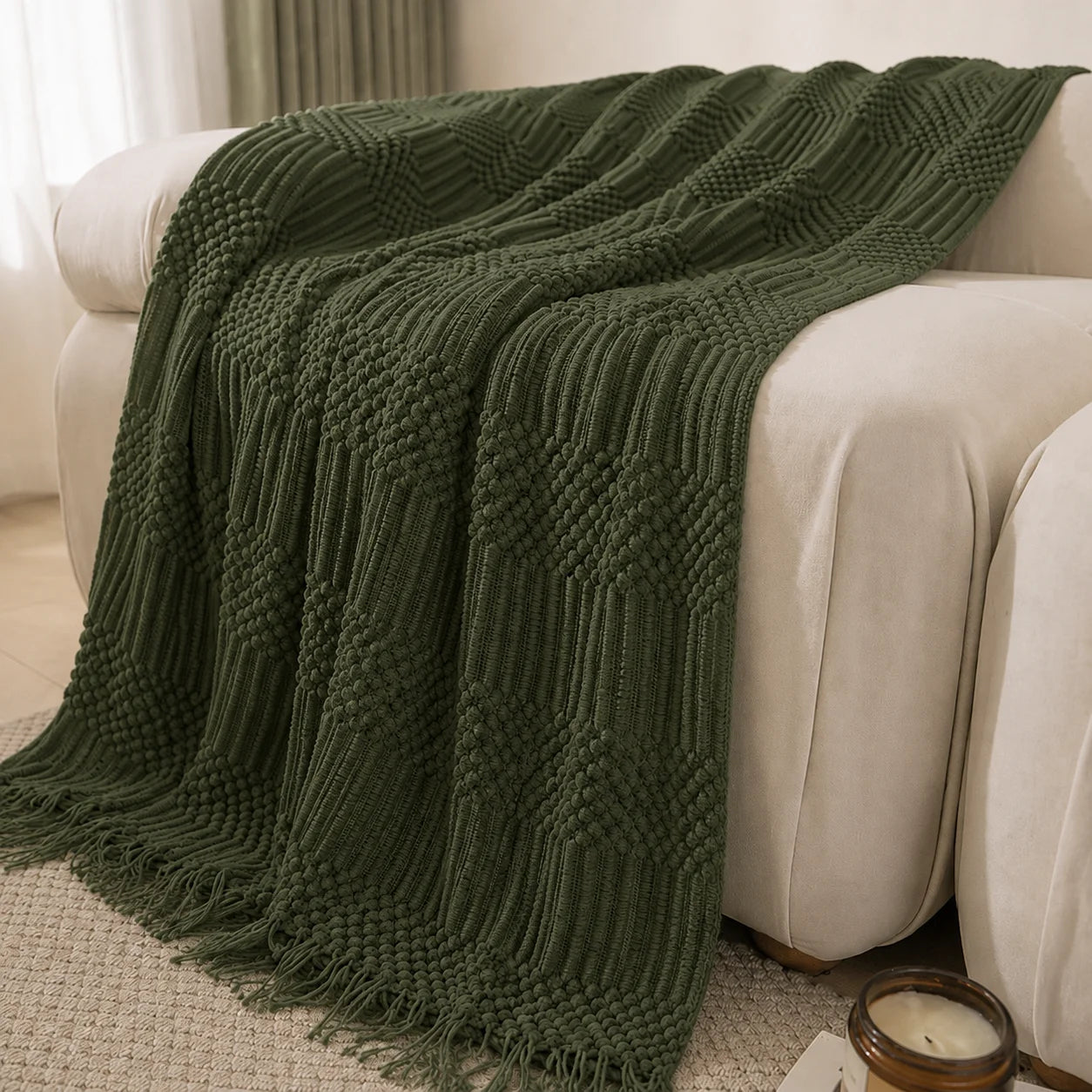Textured Knit Throw Blanket with Tassel Fringe, Soft Knitted Decorative Blanket,