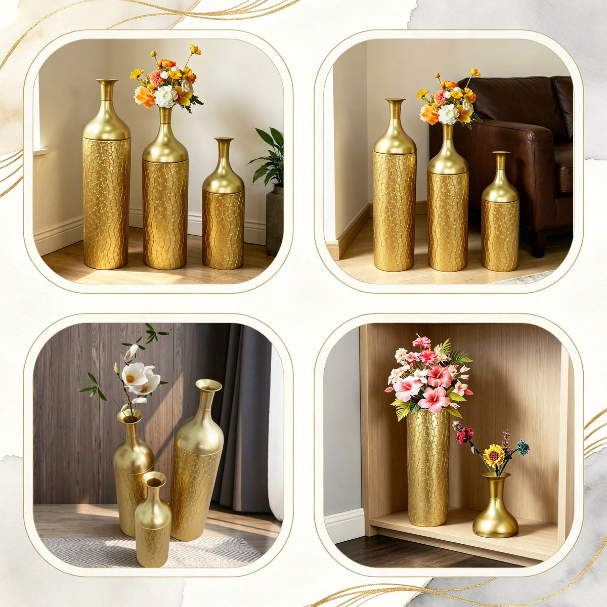 White Metal Floor Vases Set of 3, Tall Gold Leaf