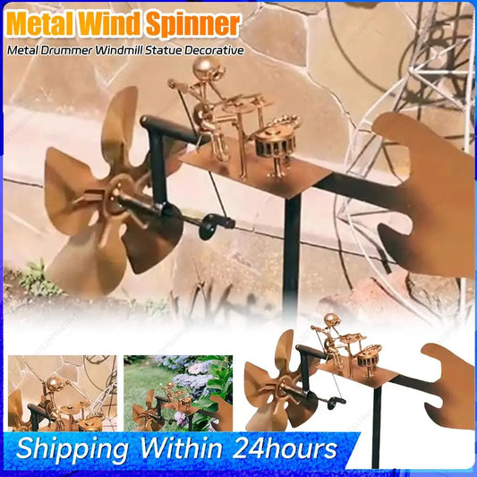 Handcrafted Metal Drummer Windmill Statue Spins