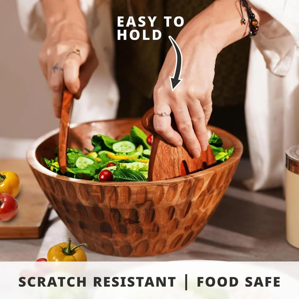 Large Acacia Wood Salad Bowl Set - Utensils and Placemat