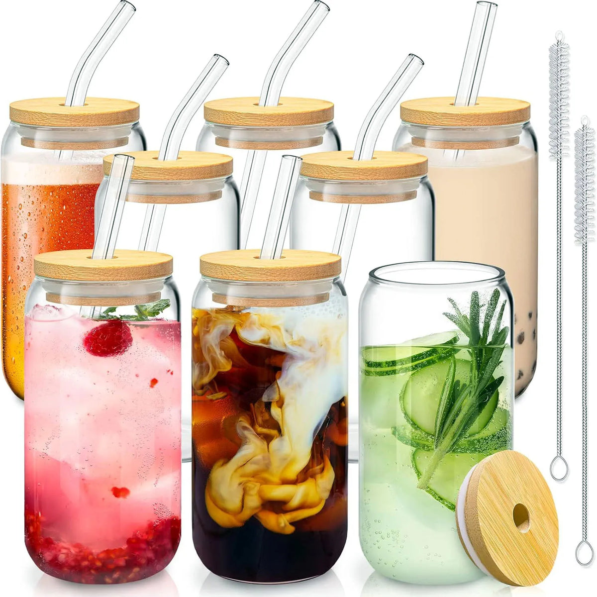 Drinking Glasses with Glass Straw 8pcs Set - 16oz Highball Glass Cups, Beer Glasses