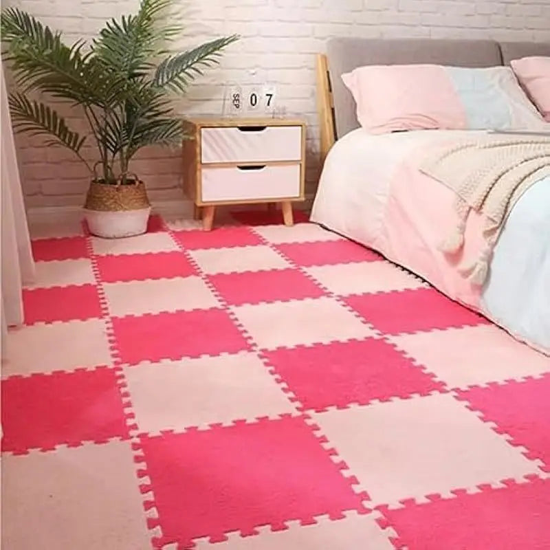 48PCS Plush Puzzle Foam Mat, Rose Red & Pink, Area Rug