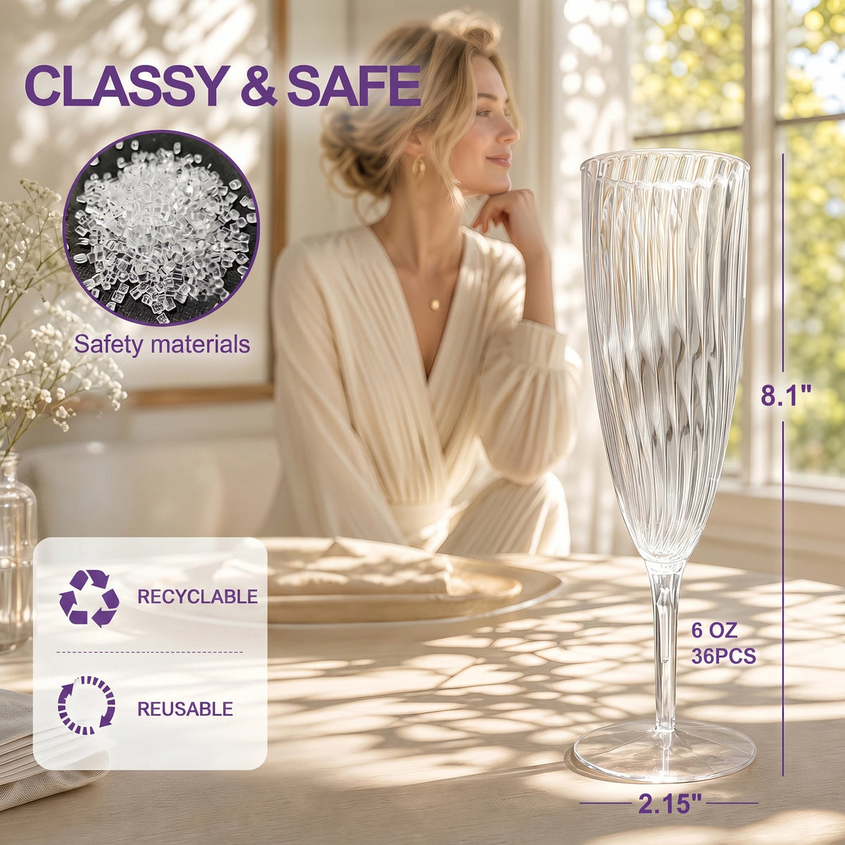 36 PCS Plastic Champagne Flutes, 6 oz Clear Disposable Wine Glasses