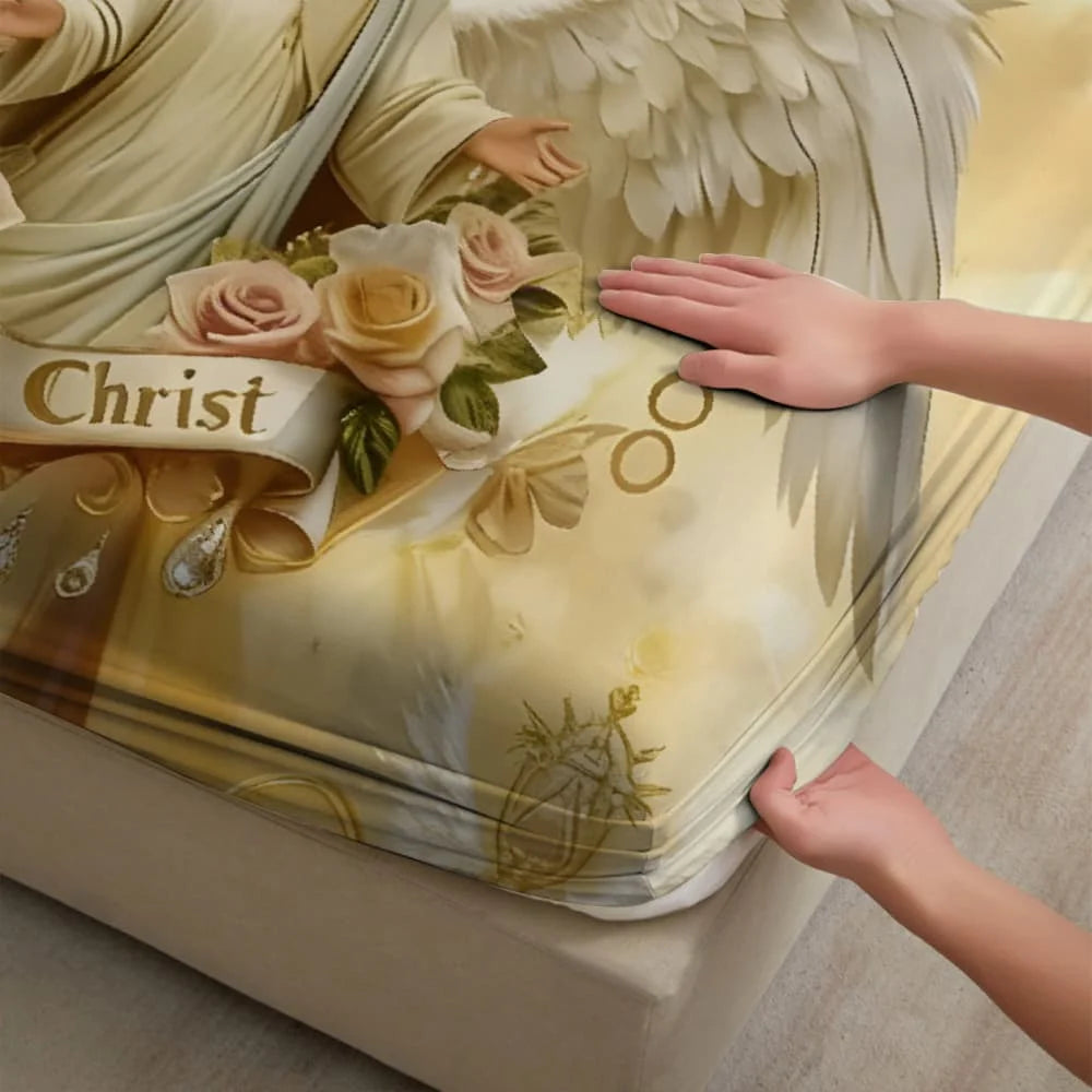 1pc Angelic Jesus Christ Print Fitted Sheet Deep Pocket Elastic Mattress Cover