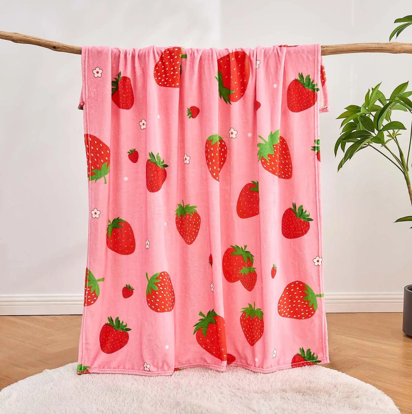 Pink Strawberry Themed Soft Fuzzy Flannel Throw Blanket