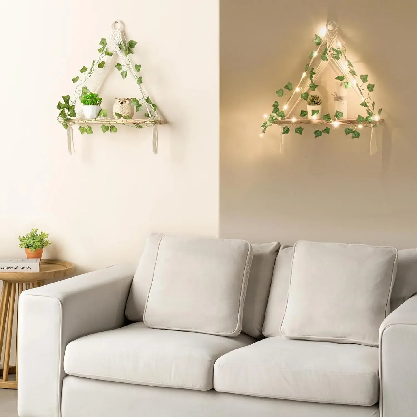 Artificial Ivy Macrame Hanging Shelves with Lights Set of 2