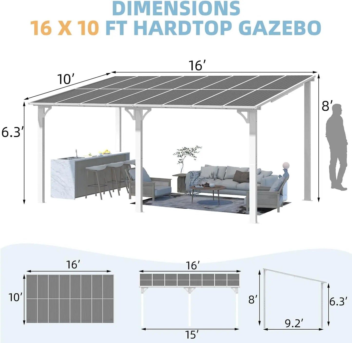 16' X 10' Gazebo White Outdoor Pergola for Patio