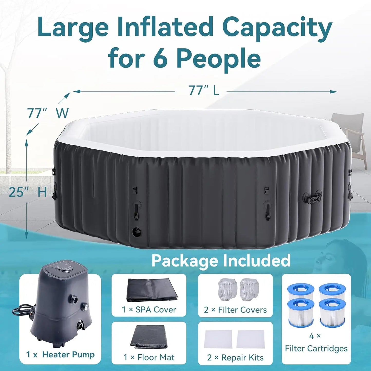 4-6 Person Inflatable Hot Tub,  77” X 25”Leak-Proof 130 Air