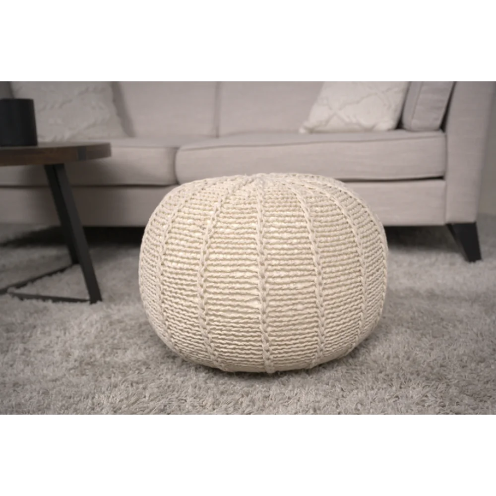 Knitted Cotton Round Pouf, Beige stool