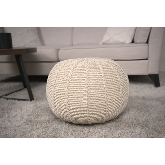 Knitted Cotton Round Pouf, Beige stool