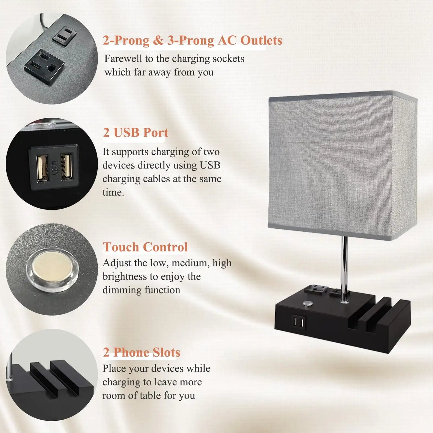 15.7" Table Lamp, USB Charging Ports, Dimmable