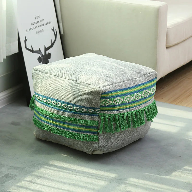 Square Multi-Pattern Moroccan Cotton And Linen Footstool