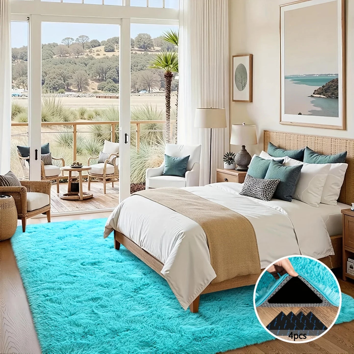 Light Blue Soft Shaggy Non-Slip Rugs with 4 Rug Stickers