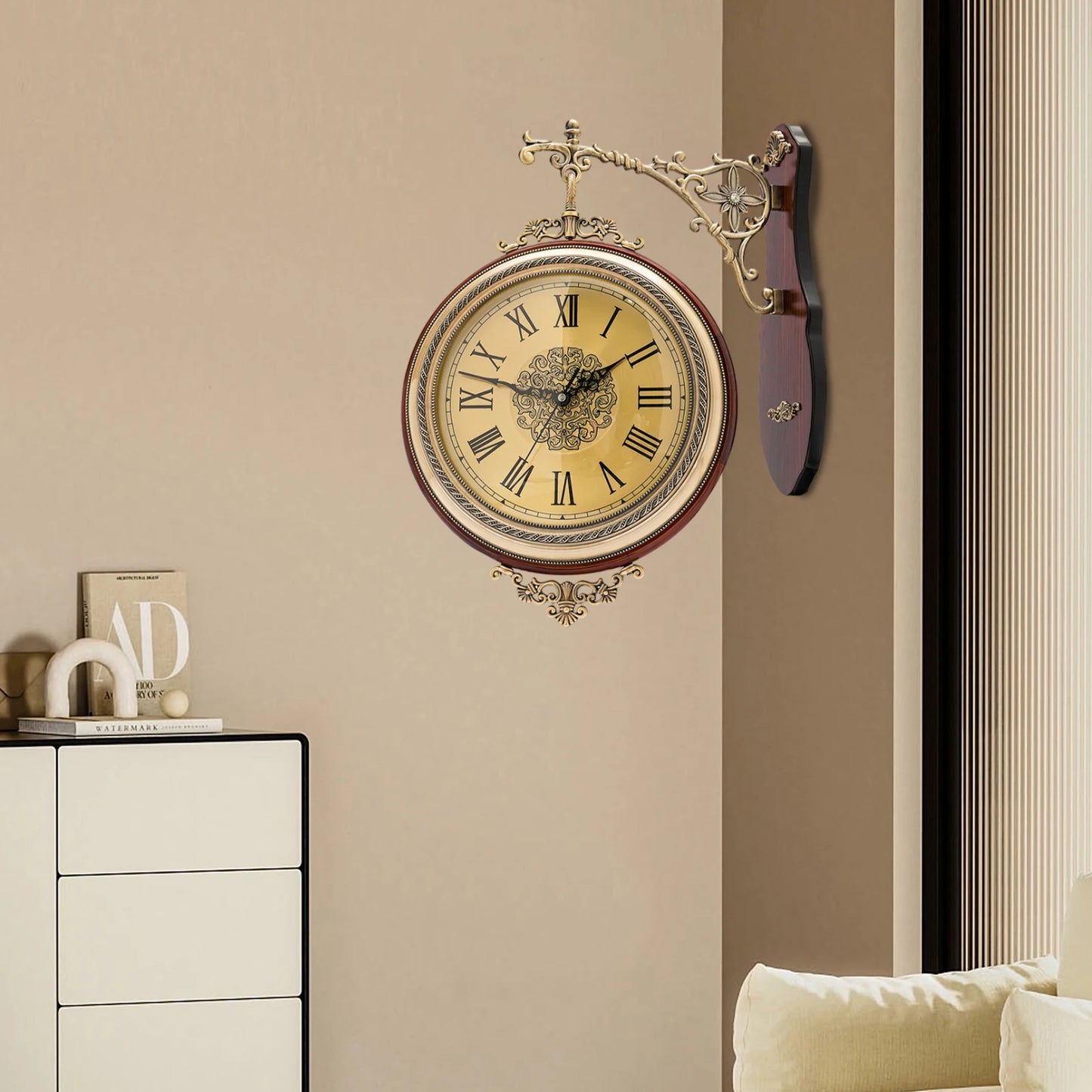 Vintage Double Sided Wall Clock Brown Round