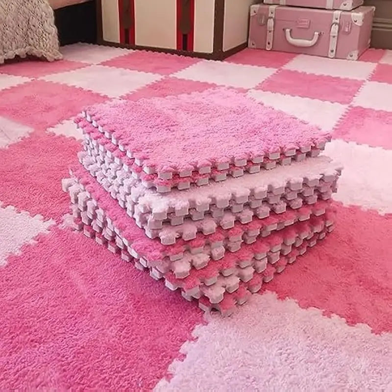 48PCS Plush Puzzle Foam Mat, Rose Red & Pink, Area Rug