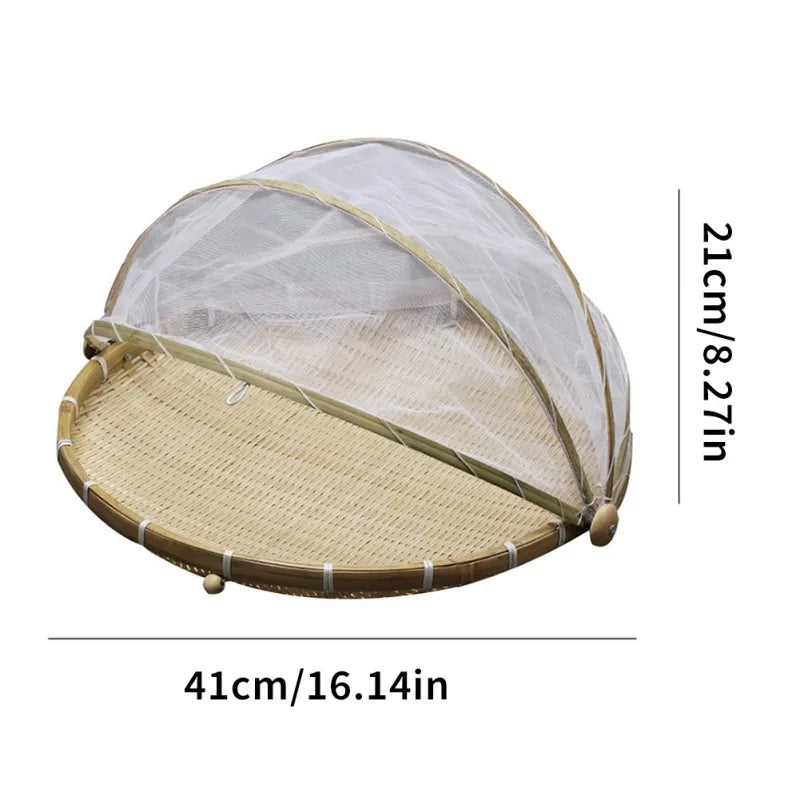 Bamboo Tent Basket, Dustproof Round Picnic Basket