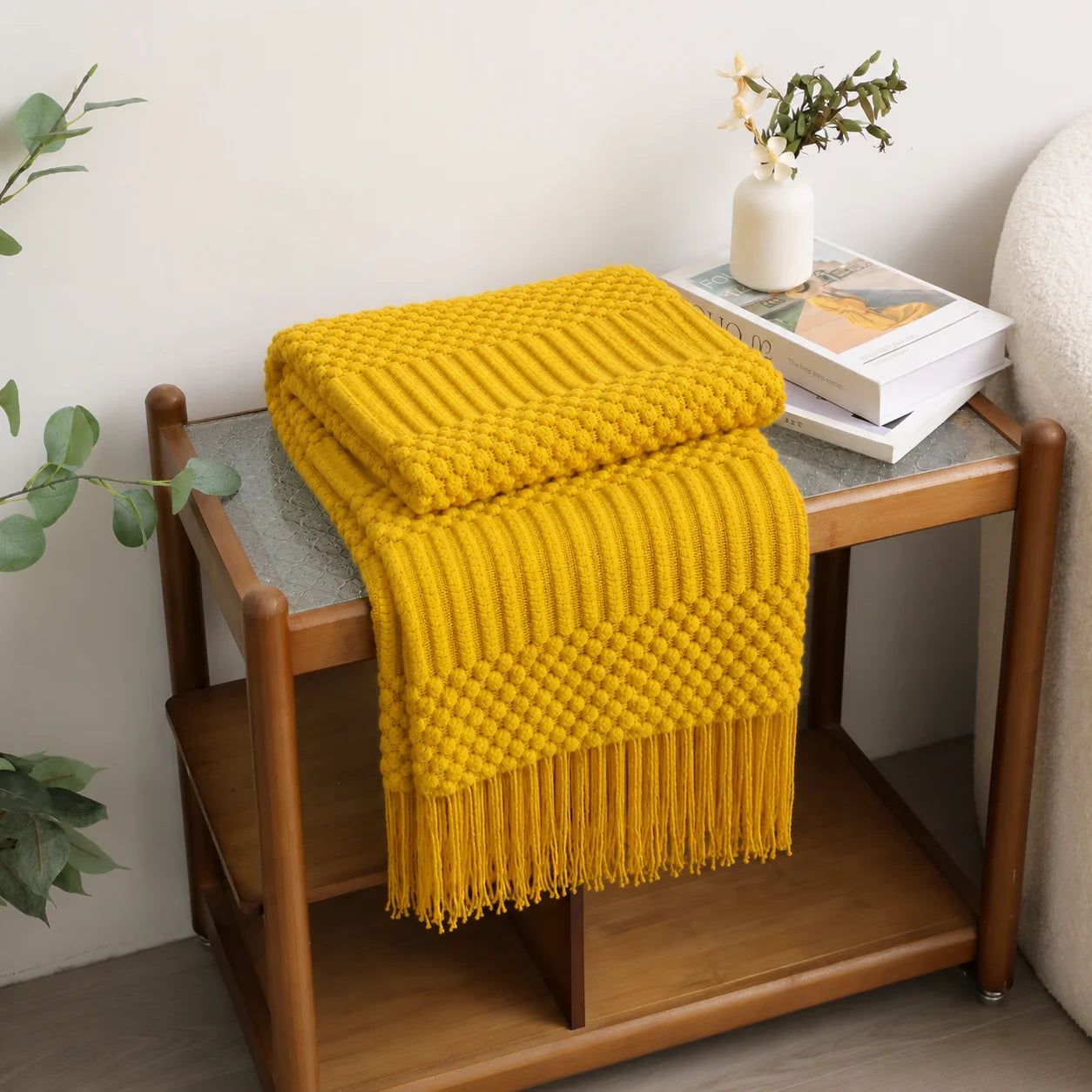 Cream Popcorn Bobble Textured Knit Throw Blanket with Tassel Fringe,