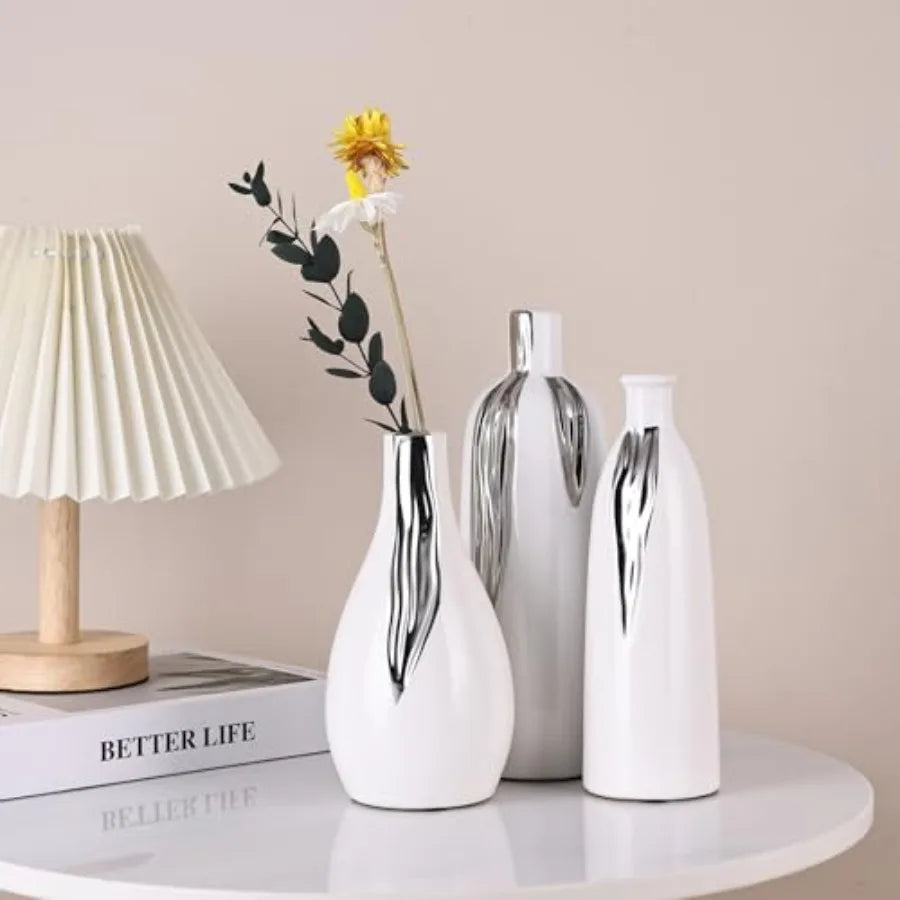 Ceramic Vase 3 Pcs Set, White and Silver Vases for Home Decor, Decorative Vases for Mantels, Shelves and Entryway Decor, Dining